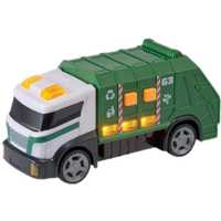 Green and white Teamsterz garbage truck toy with lights, recycling symbols, and sound features.