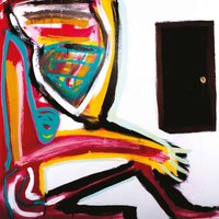Abstract painting titled "The Quiet Temple" with vibrant colors, geometric shapes, and a dark rectangular door.