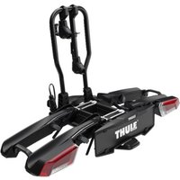 Black Thule EasyFold 3 towbar bike rack with AcuTight clamps, foldable design, and integrated rear lights.