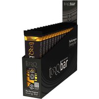 Box of 15 Torq BAR Organic energy bars in black packaging with orange accents, partially open display box.