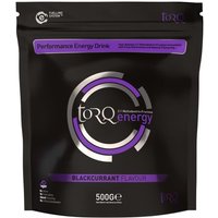 Black pouch of Torq Energy Drink 500g, blackcurrant flavor, with purple and silver circular design.
