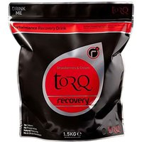 Torq Recovery Drink 1.5kg, black and red pouch, strawberries and cream flavor, bold red circle design.