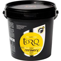 Black tub of Torq Recovery Drink, 500g, with yellow label featuring banana and mango flavor graphics.