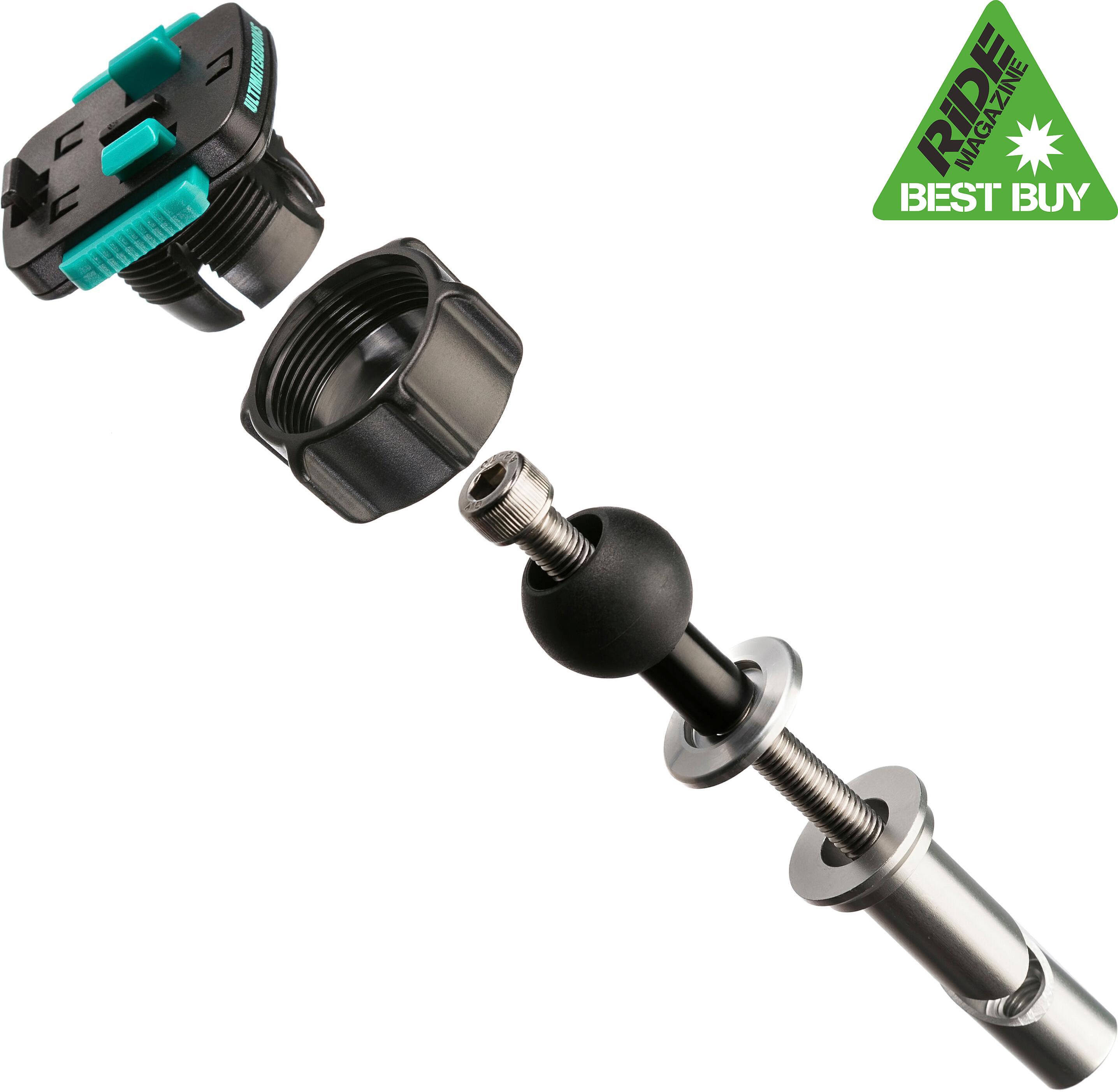 Black and silver motorcycle fork stem mount with adjustable ball joint and teal accents, labeled "Best Buy" by Ride Magazine.