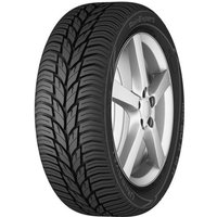 Uniroyal RainExpert tyre, 185/70 R14, black rubber with V-shaped tread pattern and silver alloy wheel rim.