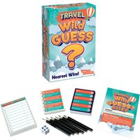 Travel Wild Guess? game set with cards, dice, pencils, notepad, and rule sheet in colorful mountain-themed box.