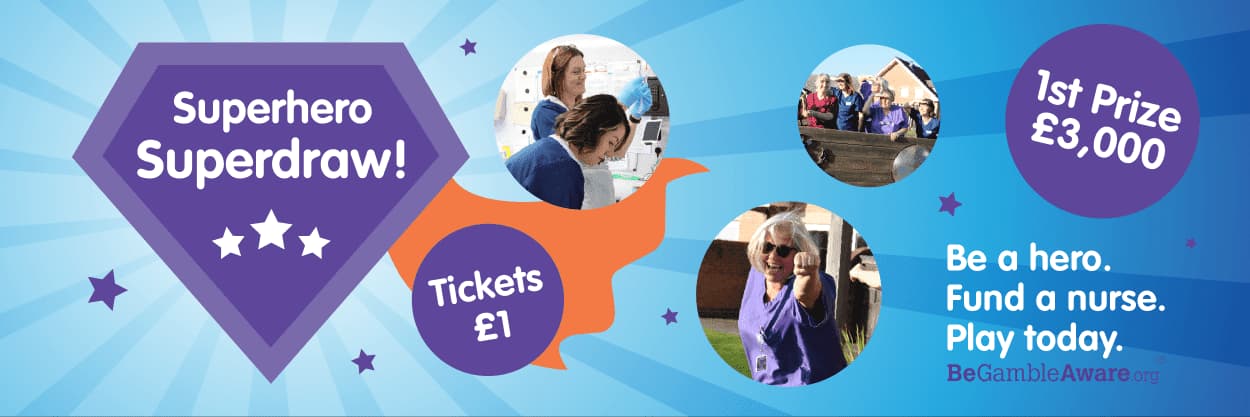 Superhero-themed raffle banner with prize details and nurses