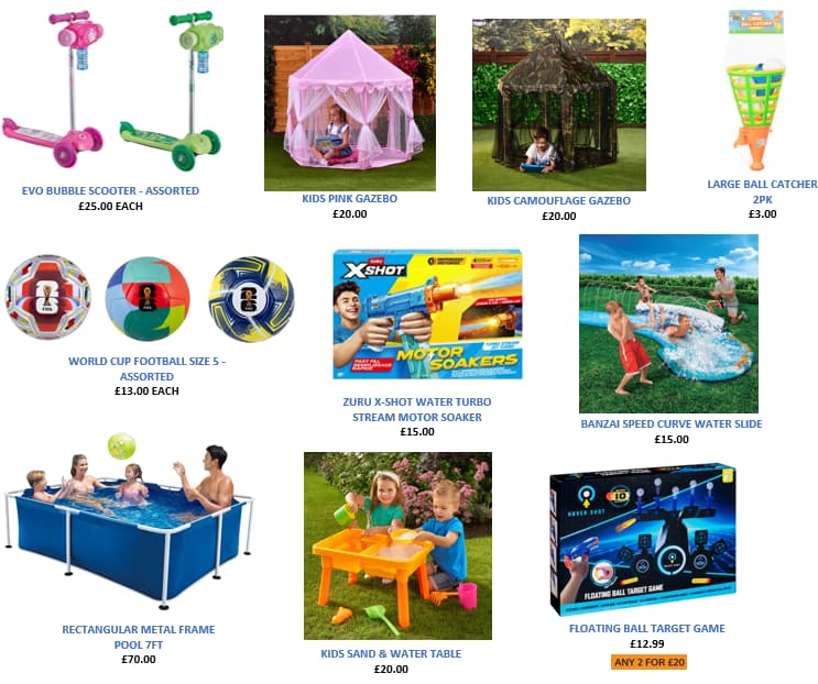 Assorted kids outdoor toys including gazebos and water games