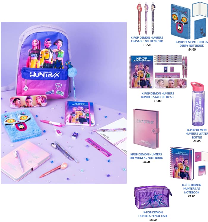 Colourful stationery set with notebooks, pens, and a purple backpack