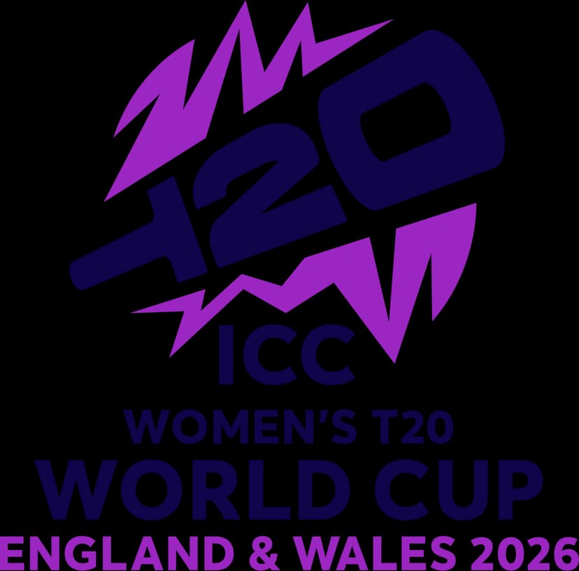 Vibrant purple and black logo for the 2026 ICC Women’s T20 World Cup, featuring a cricket bat and dynamic design elements.