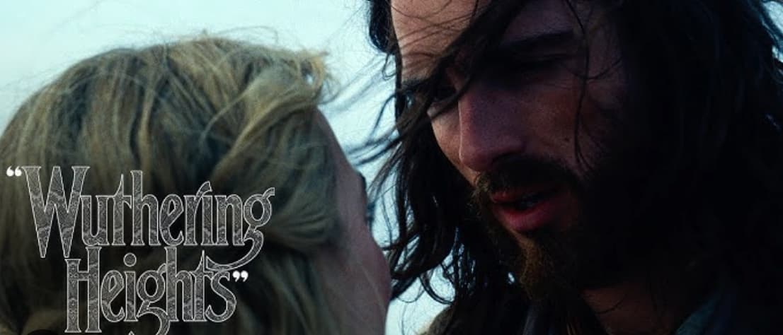Two characters from Wuthering Heights in a dramatic scene