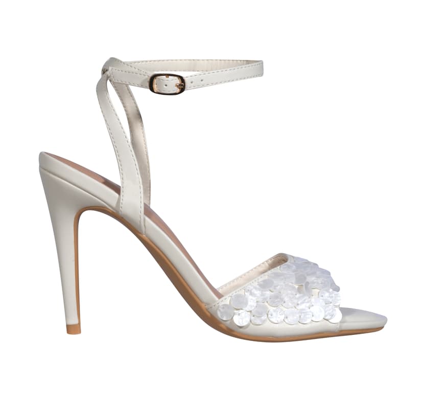 Elegant white high heel sandal with ankle strap and beads