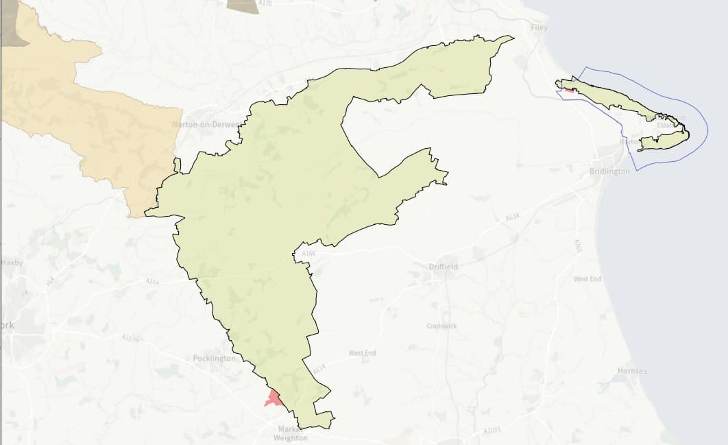Map highlighting Yorkshire Wolds in green with nearby coastline