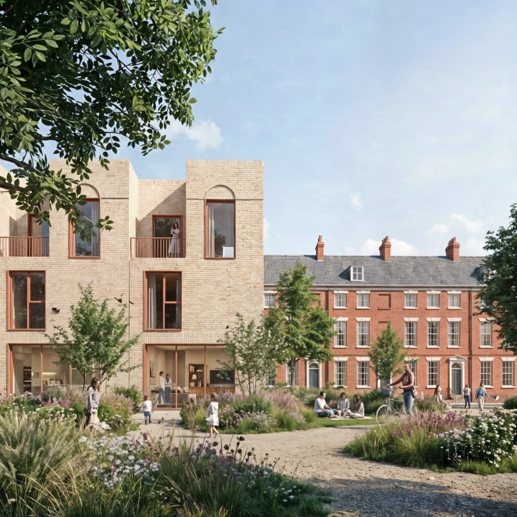 Modern brick building beside historic red-brick Georgian houses