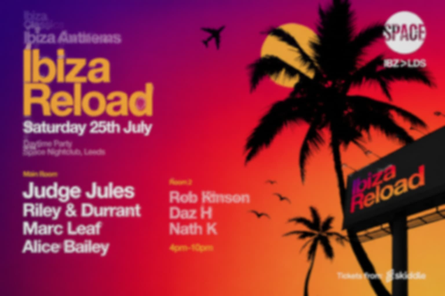 Colorful poster for Ibiza Reload event with palm trees at sunset