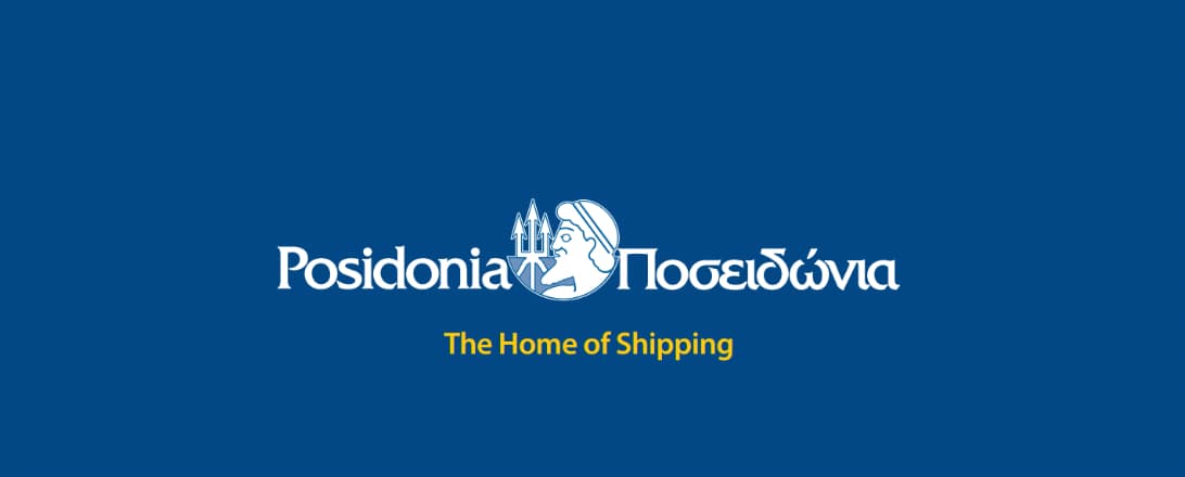 Posidonia logo with trident and Greek text on blue