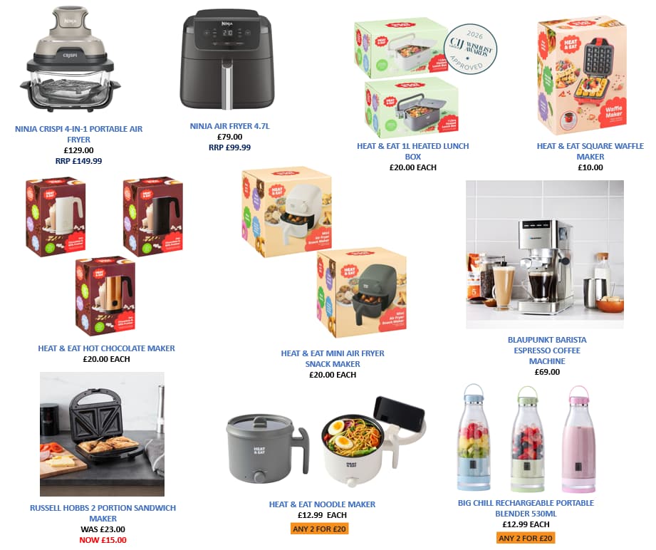Collection of boxed kitchen appliances on a white background