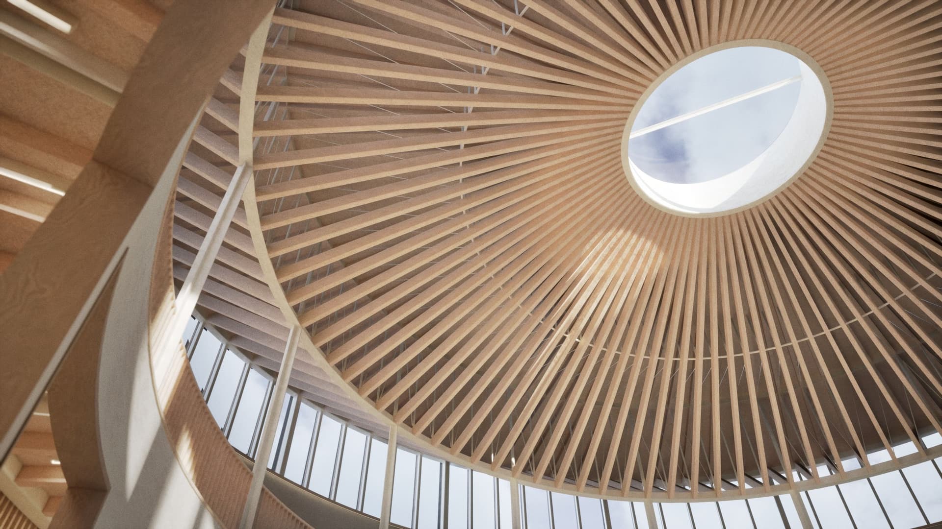 Modern wooden ceiling with circular skylight and beams