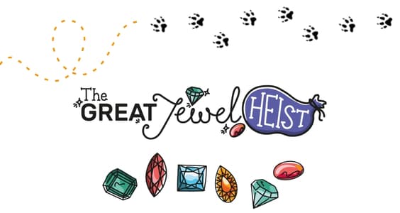 Colorful graphic featuring cartoon jewels and playful paw prints, evoking a fun family adventure theme in Leeds.