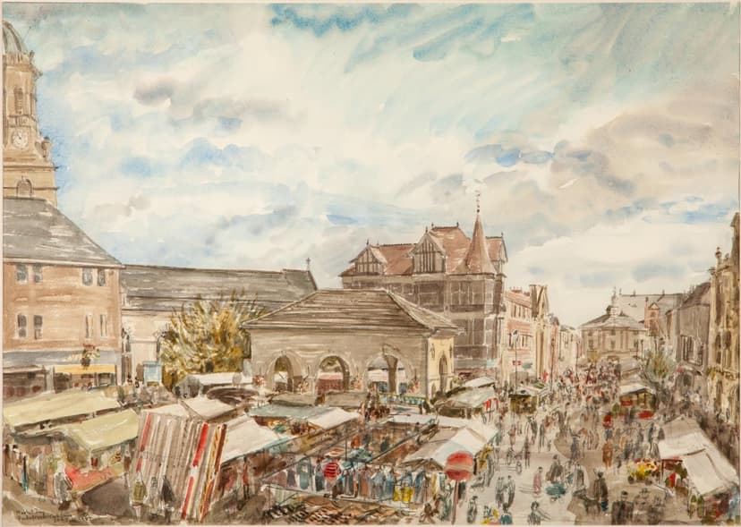 Vibrant market scene in Pontefract, with historic buildings and bustling stalls under a cloudy sky.