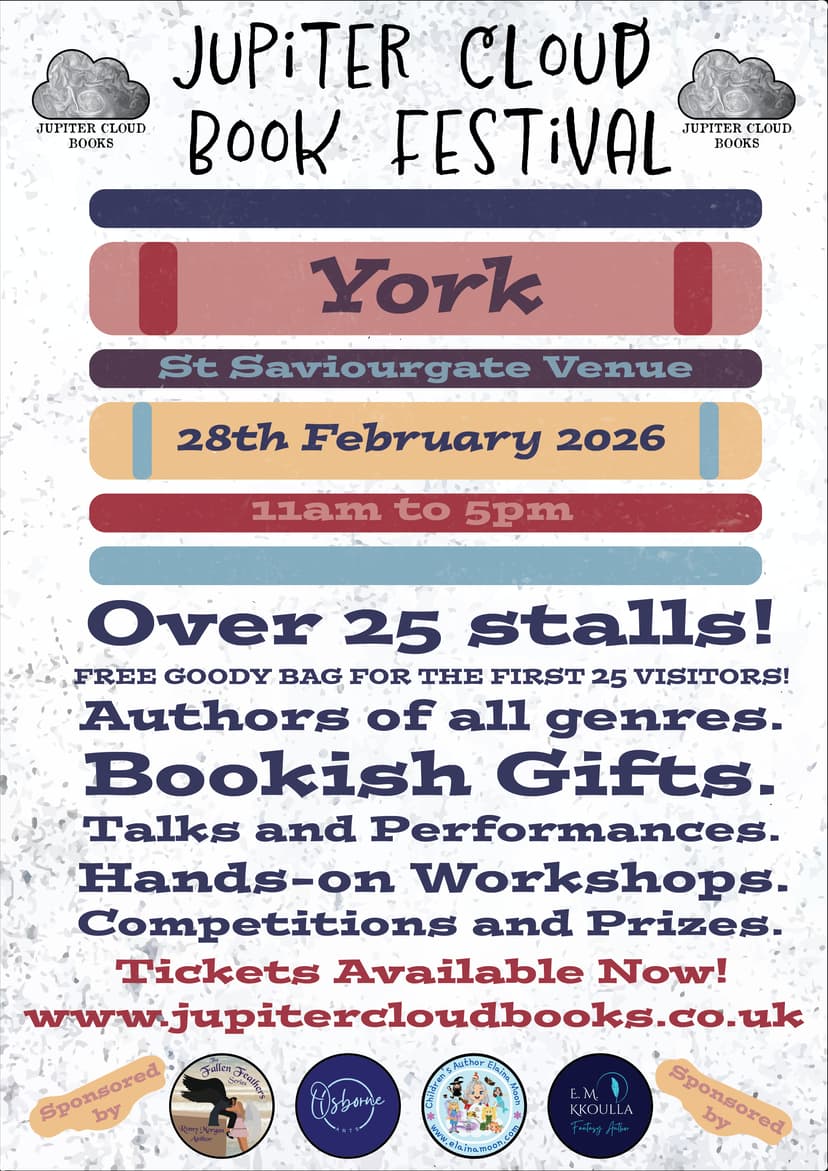 Colorful poster for the Jupiter Cloud Book Festival in York, featuring event details and vibrant illustrations.