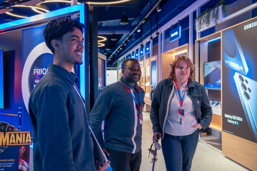 Three people smiling inside a modern technology store