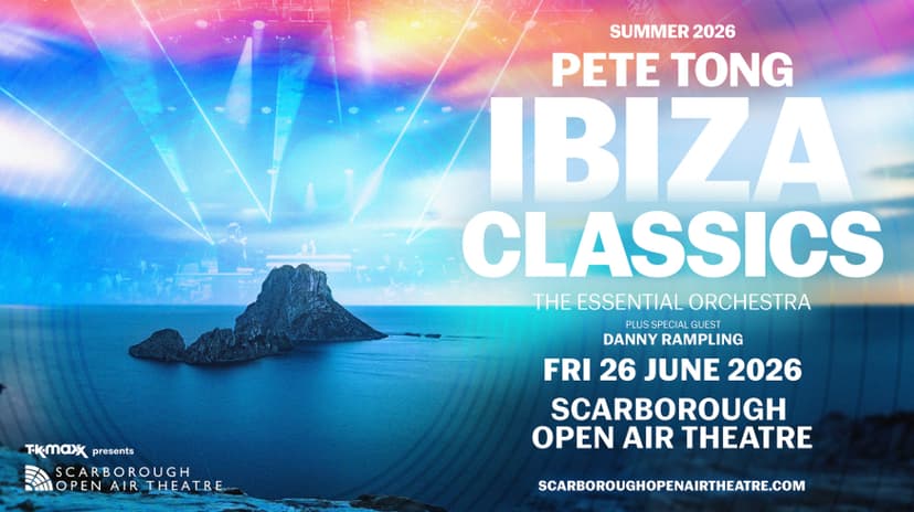 Vibrant concert poster featuring Scarborough Open Air Theatre with a scenic coastal backdrop and colorful light effects.