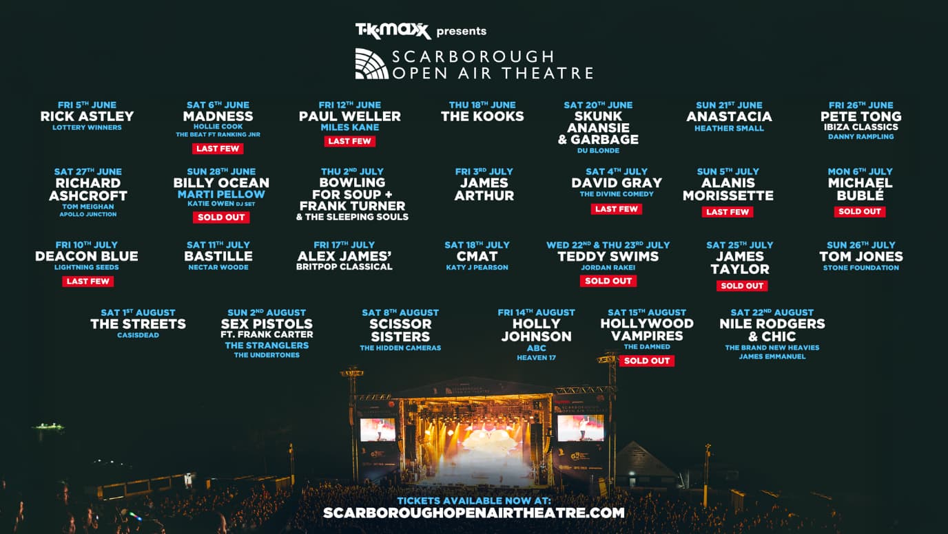 Colorful concert lineup poster for Scarborough Open Air Theatre, showcasing artists and dates against a vibrant stage backdrop.