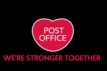 Bright red heart-shaped logo with "POST OFFICE" text, emphasizing community spirit with the slogan "WE'RE STRONGER TOGETHER."