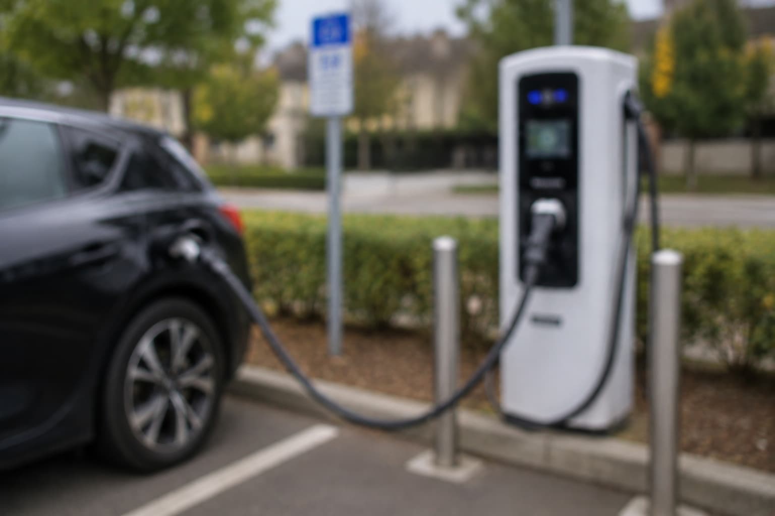 Electric car charging at a station near a leafy road