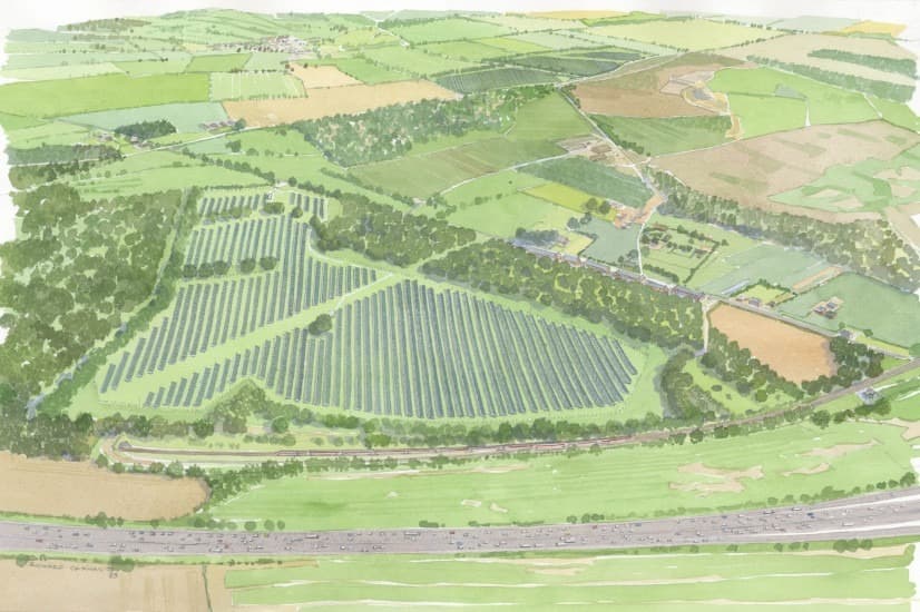 Aerial view of Yorkshire countryside with fields and trees