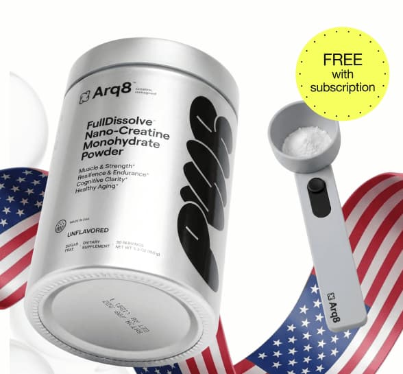 Creatine supplement tub and scoop with USA flag ribbons