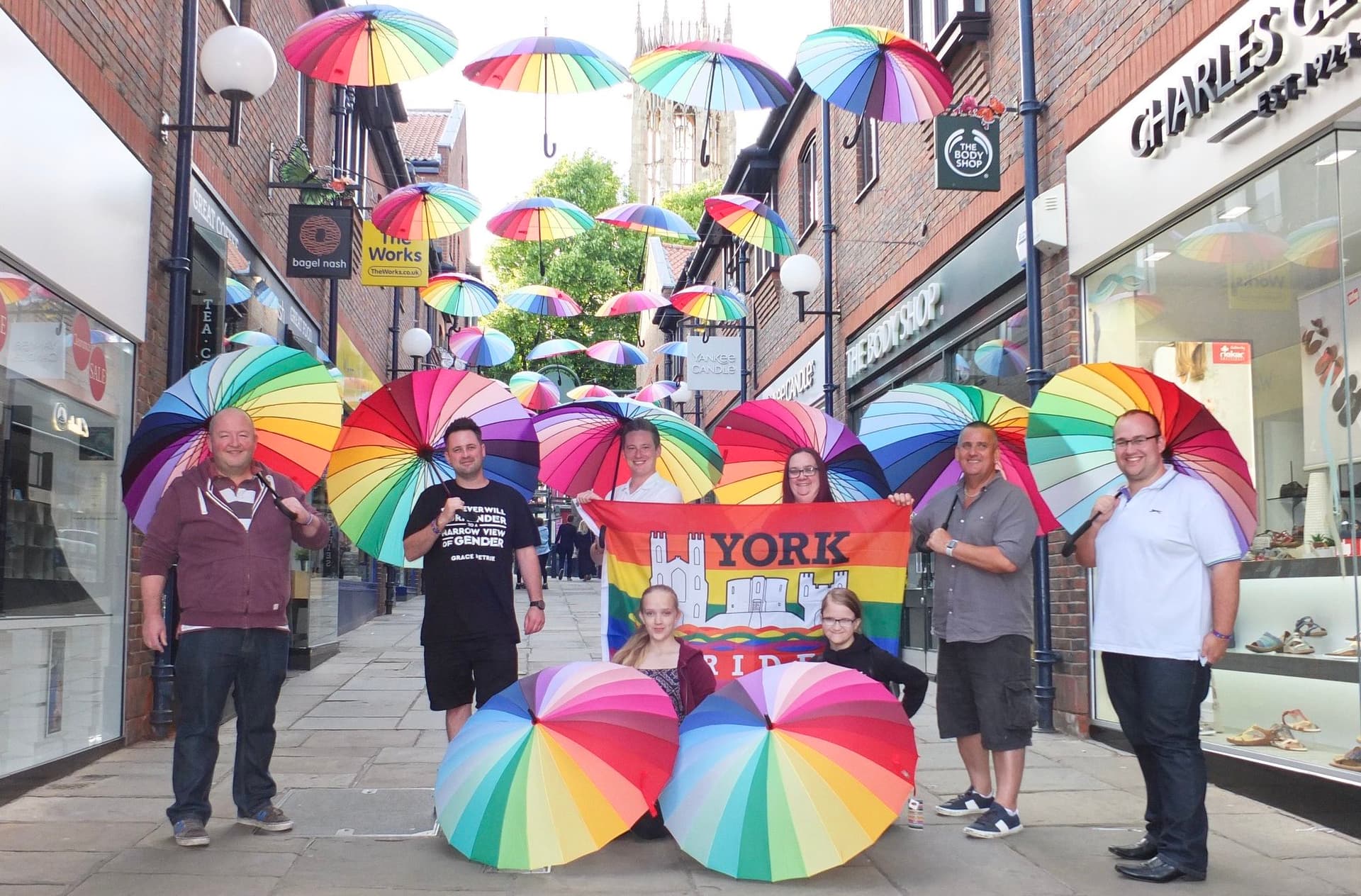 York Pride rainbow umbrellas 2019