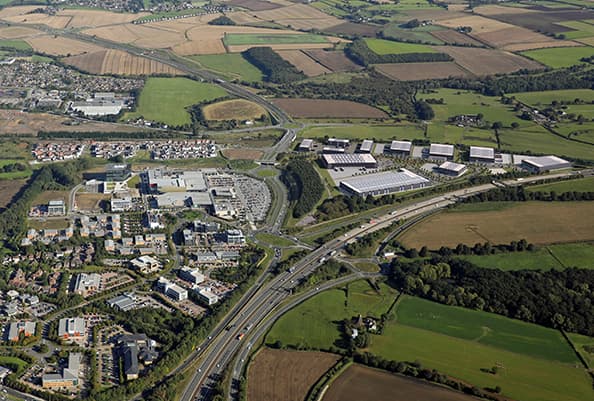 Aerial view of Yorkshire industrial park and countryside