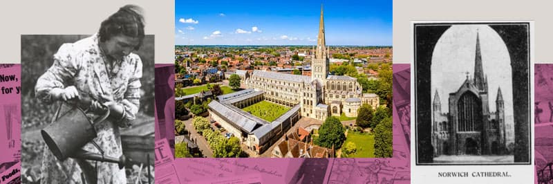Aerial view of Norwich Cathedral with spire and surrounding cityscape