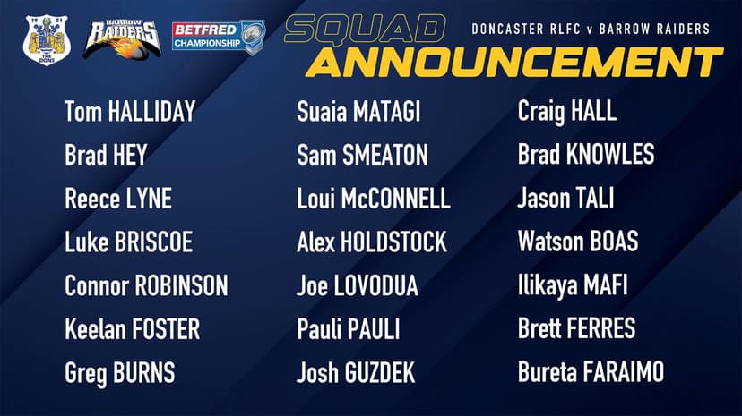 Featured image for Doncaster RLFC Announces Squad for Upcoming Clash with Barrow Raiders - Sport