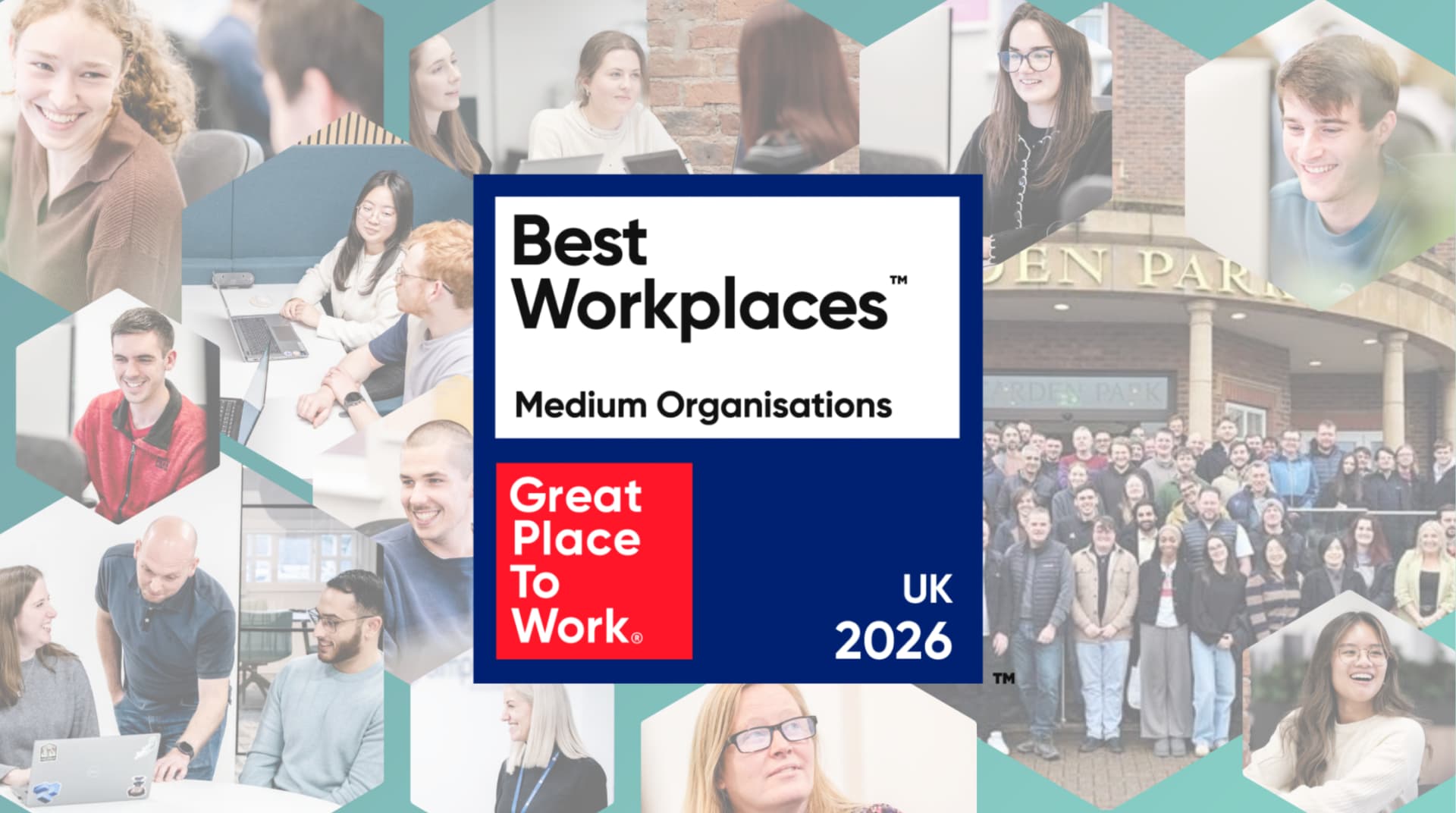 Collage of smiling people in office setting and group photo outside