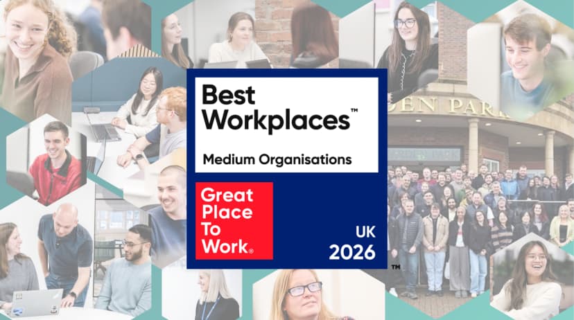 Collage of smiling people in office setting and group photo outside