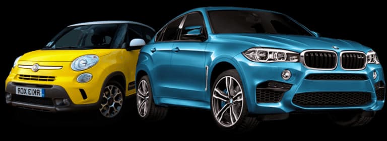 Yellow compact car and blue SUV parked side by side