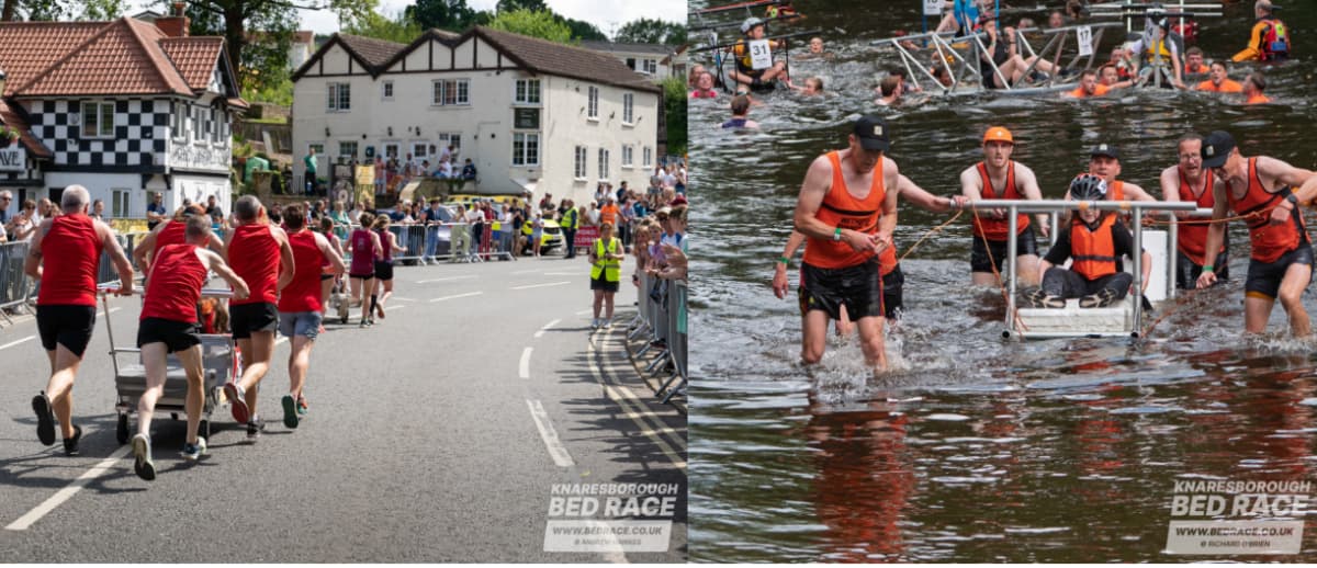Teams racing with decorated beds through Knaresborough streets and river