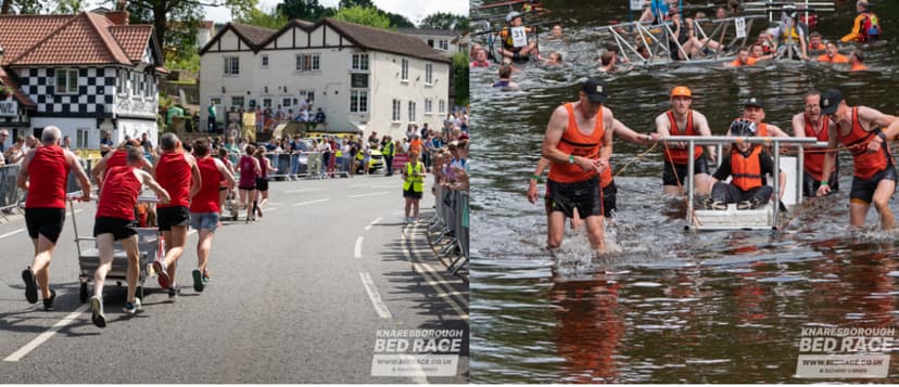 Teams racing with decorated beds through Knaresborough streets and river