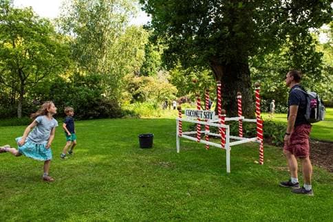 Children playing coconut shy game in a lush green park