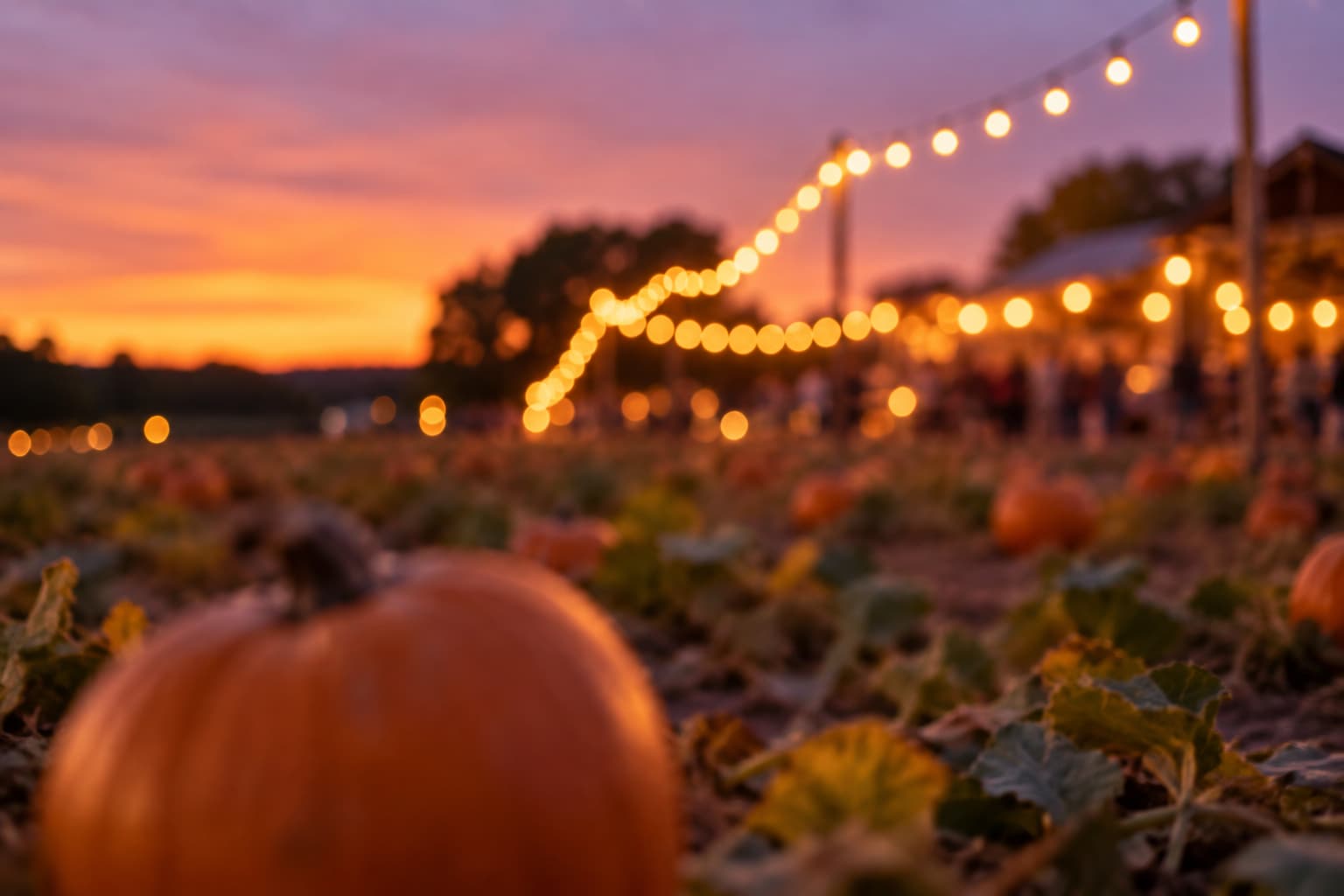 Pumpkin patch at sunset with string lights and warm glow