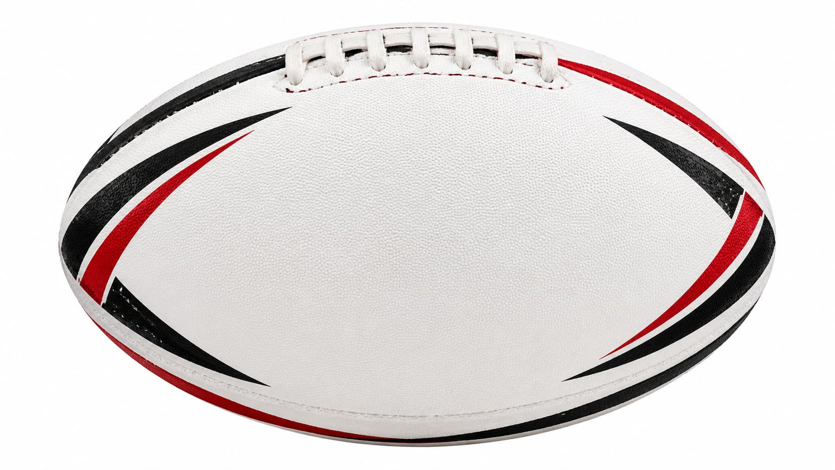 Close-up of a white rugby ball with black and red stripes