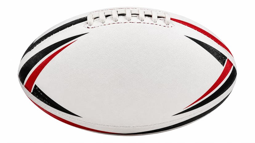 Close-up of a white rugby ball with black and red stripes