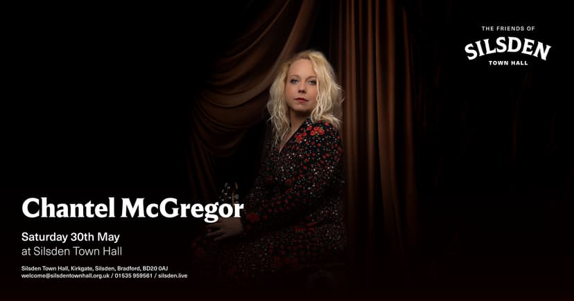 Chantel McGregor sits elegantly against a rich, dark curtain backdrop, promoting her concert at Silsden Town Hall.