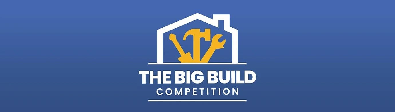 Logo with house outline and yellow tools on blue background