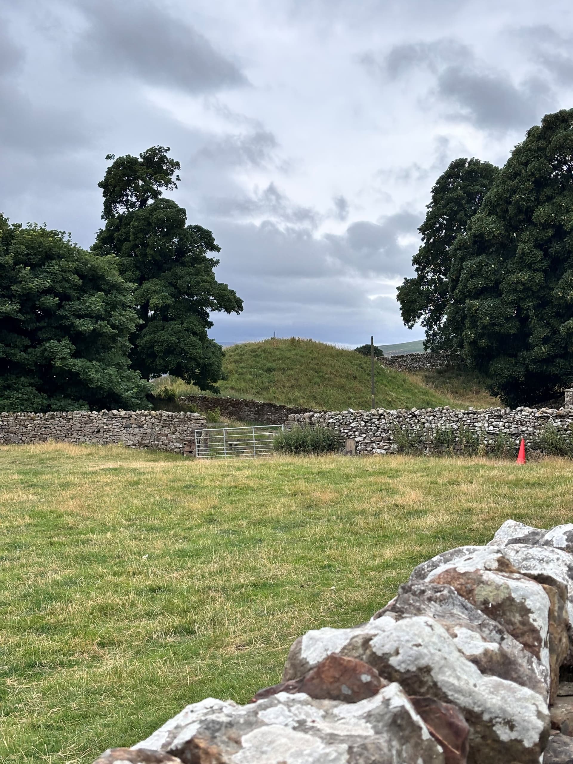 Green hill with stone walls and trees under a cloudy sky