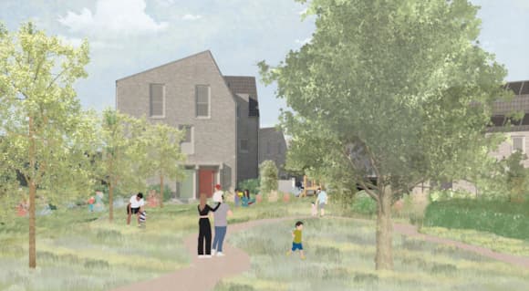 Modern grey brick houses with families in lush green park