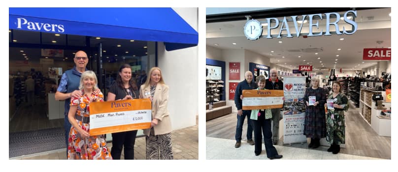 Group holding large charity cheque outside and inside shoe store